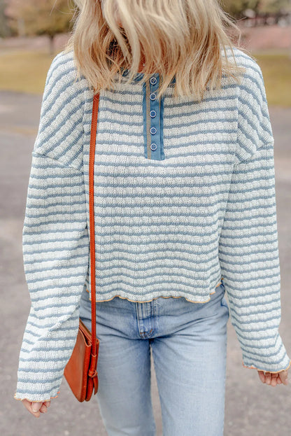 Sky Blue Stripe Textured Frilly Trim Buttons Henley Long Sleeve Top - Chic Meadow Boutique 