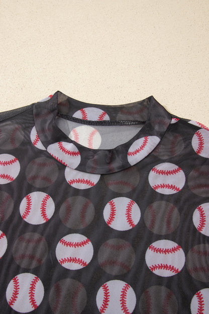 Black Baseball Game Day Sheer Mesh Long Sleeve Top