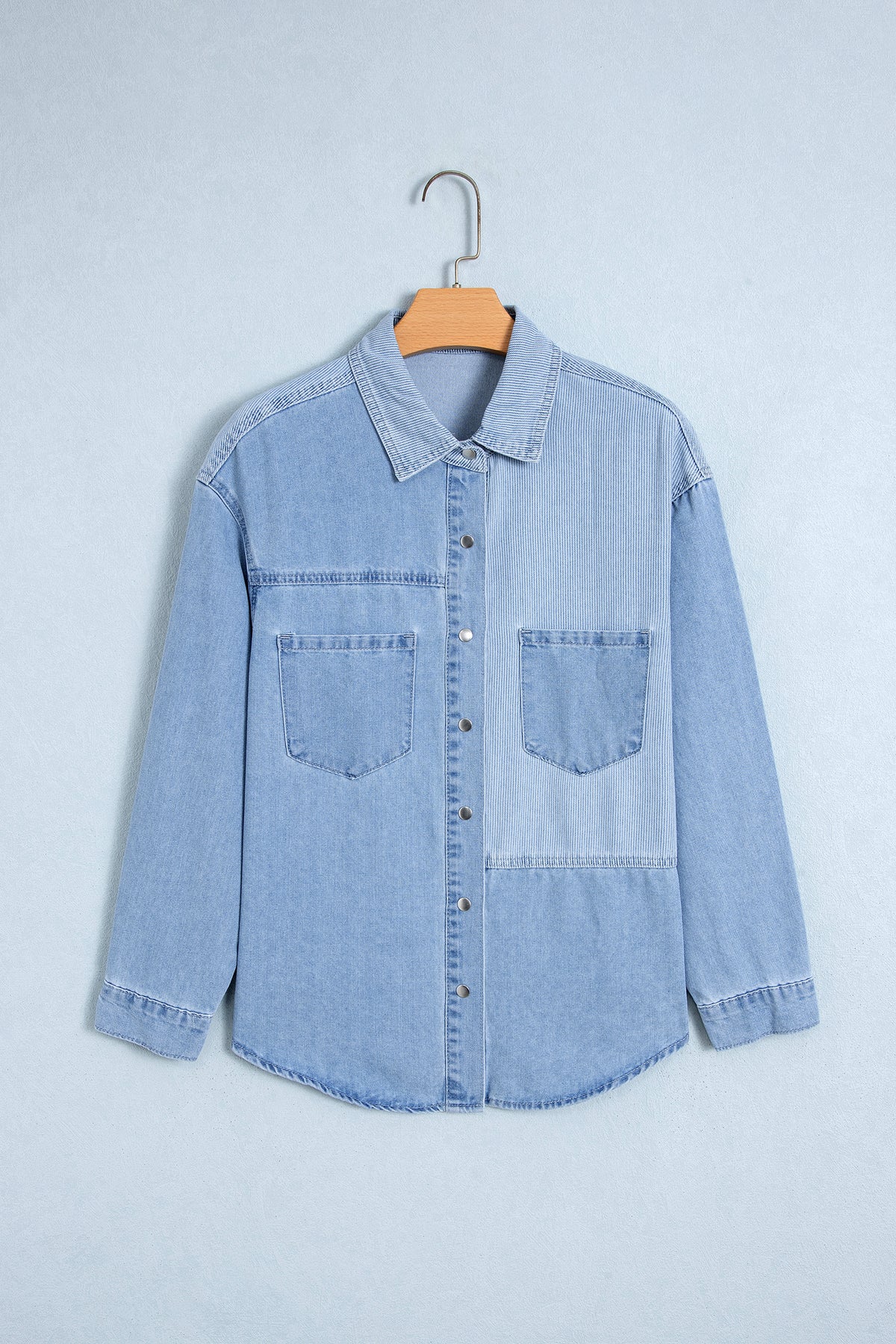 Beau Blue Lightweight Denim Striped Patchwork Button Down Shacket