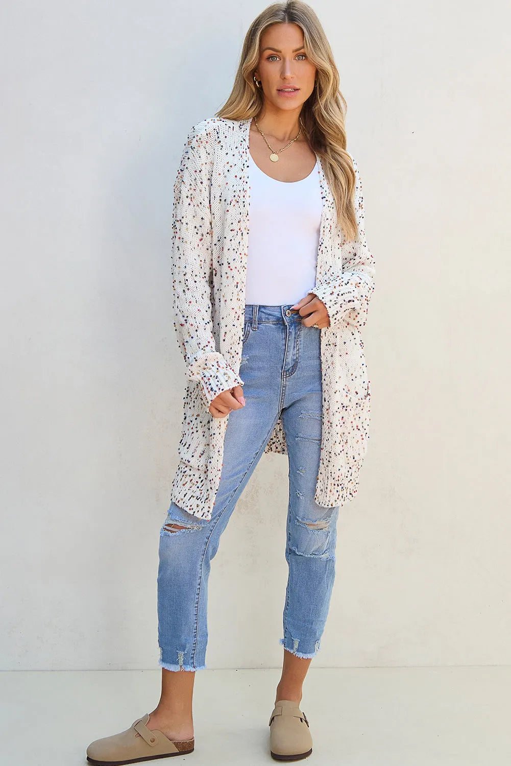 White Multicolor Dotted Rib Knit Long Sleeve Cardigan - Chic Meadow Boutique 