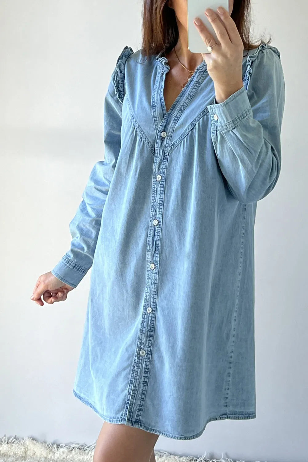 Myosotis Ruffled V Neck Buttoned Shift Denim Dress - Chic Meadow Boutique 