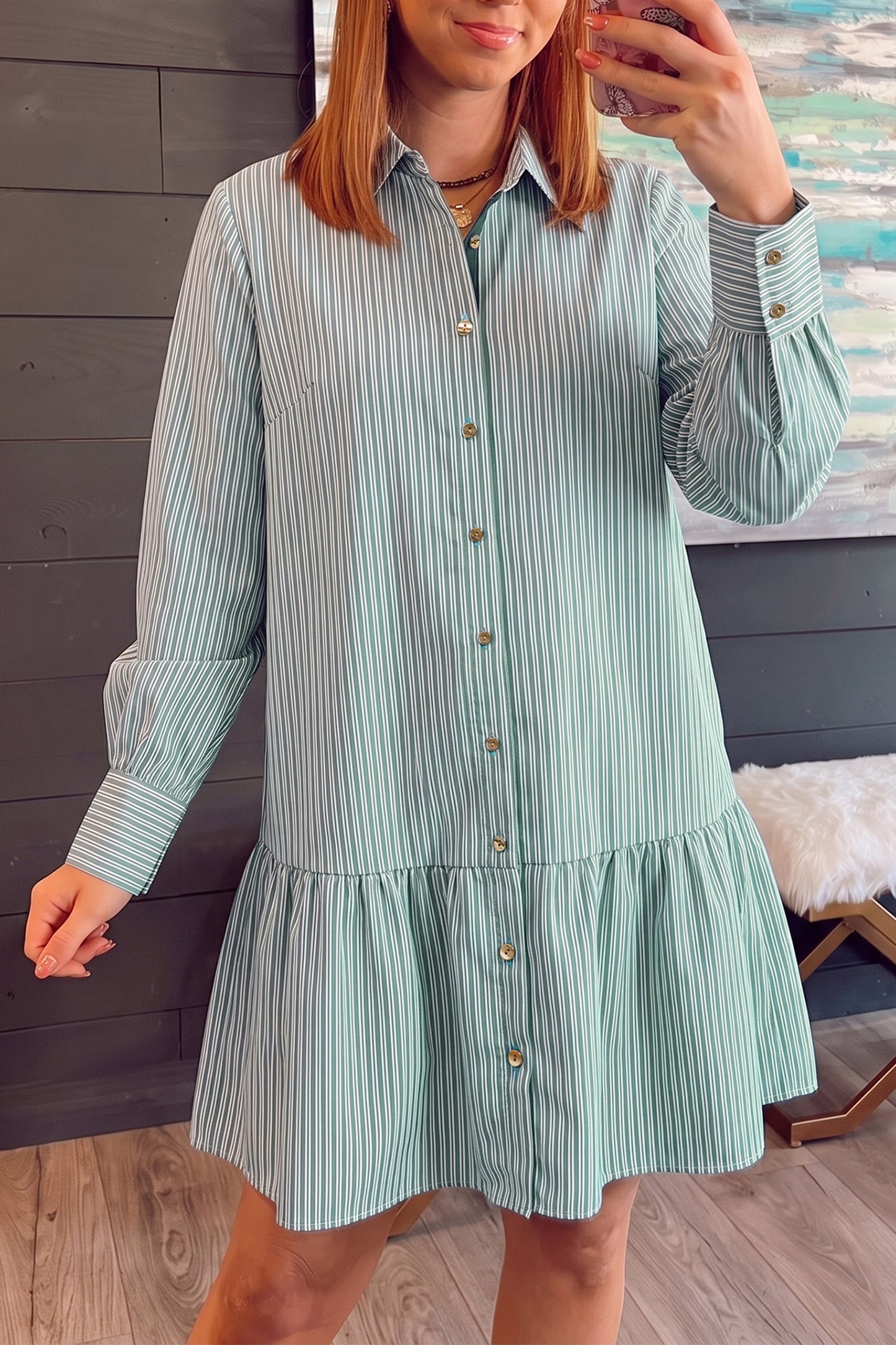 Green Stripe Striped Shift Long Sleeve Dress