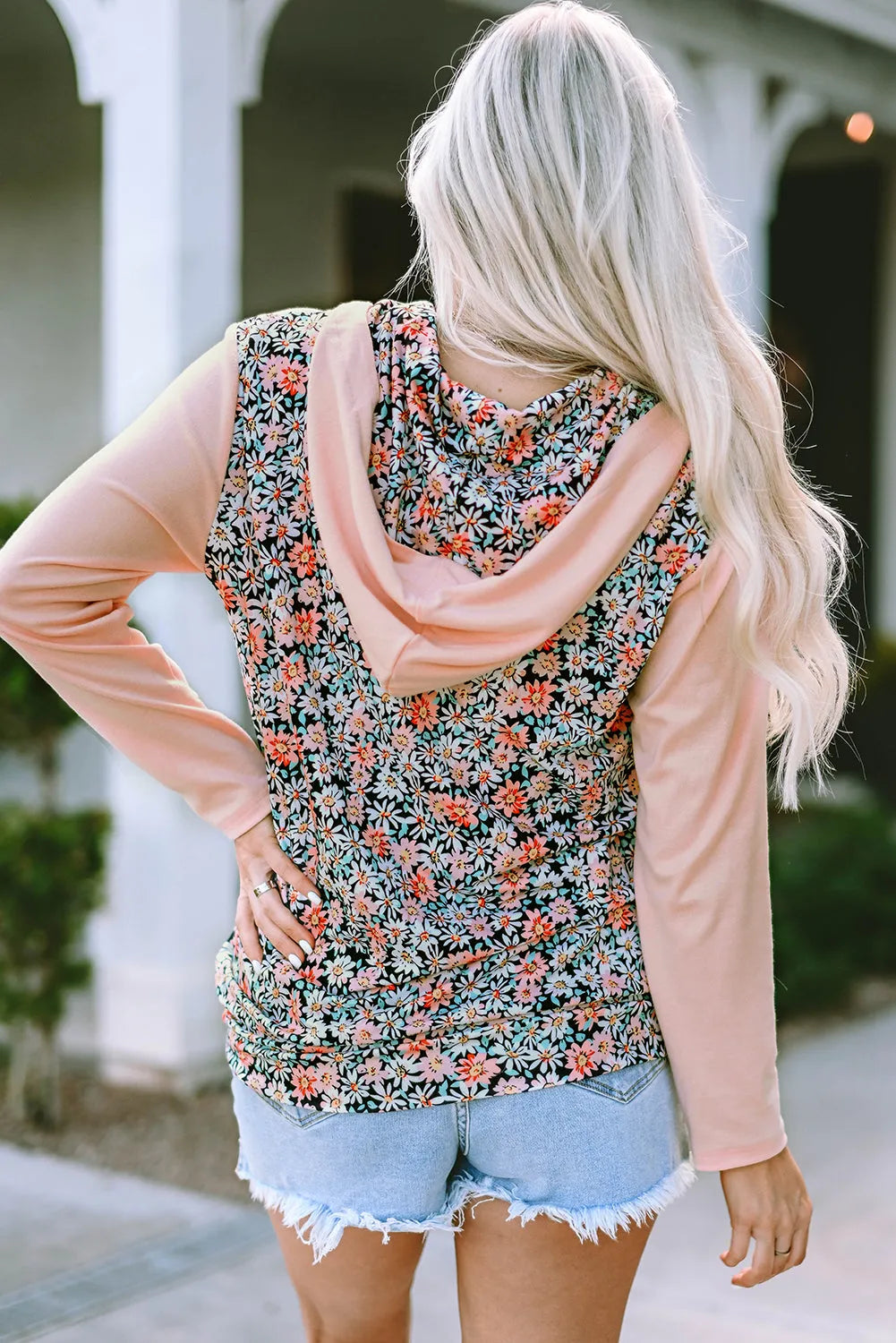 Pink Floral Patch Half Zip Kangaroo Pocket Hoodie - Chic Meadow Boutique 