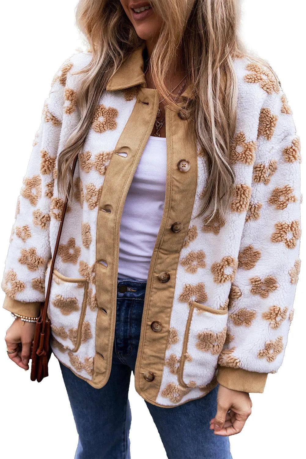 Outerwear/Jackets Light French Beige Cute Flower Pattern Button Up Fleece Jacket