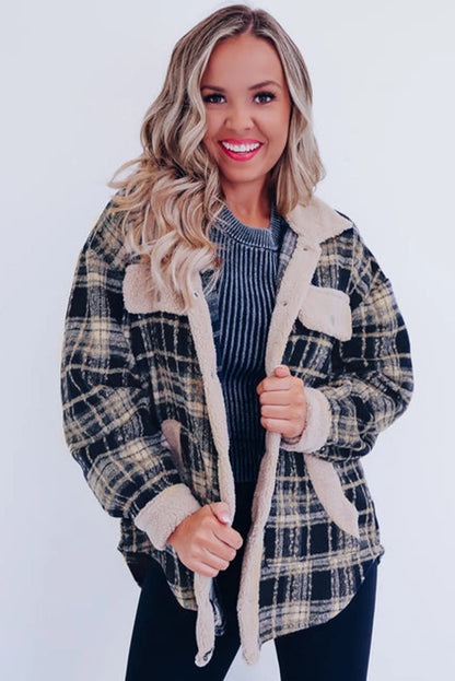 Multicolor Plaid Contrast Sherpa Flap Pocket Snap Button Shacket - Chic Meadow Boutique 