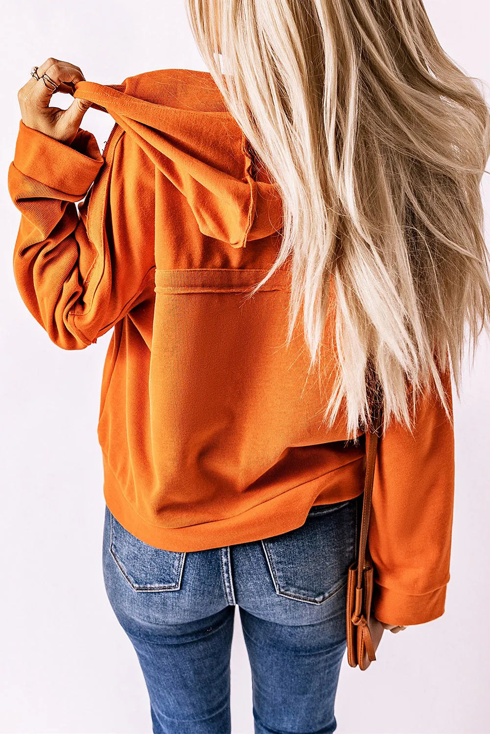 Orange Casual Button Solid Patchwork Trim Hoodie - Chic Meadow Boutique 