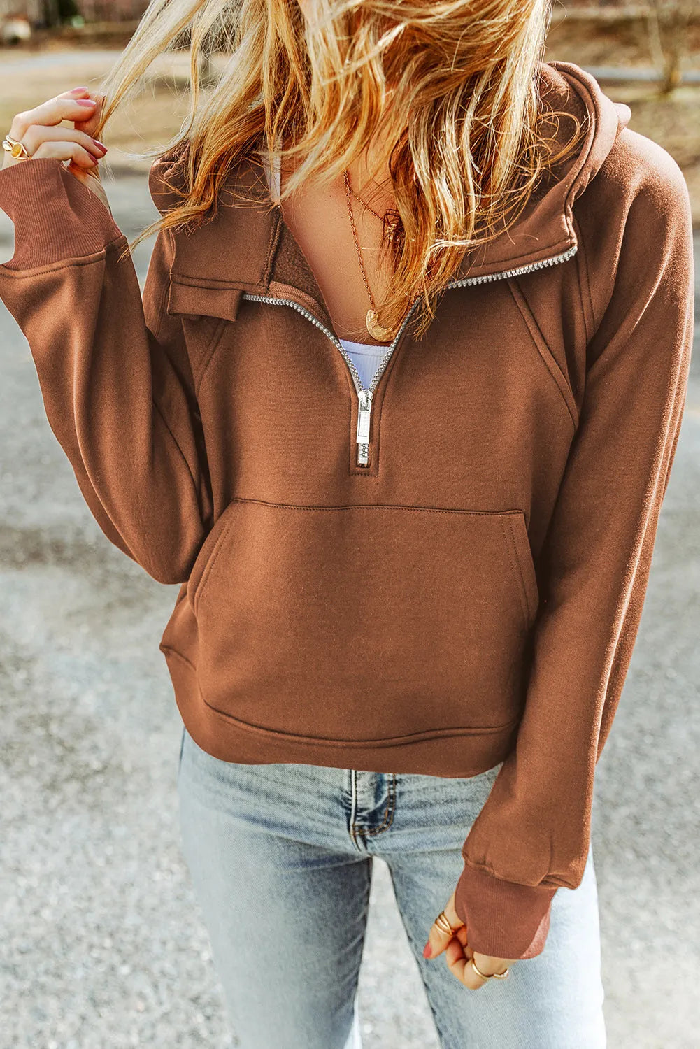 Brown Quarter Zip Kangaroo Pocket Hoodie - Chic Meadow Boutique 