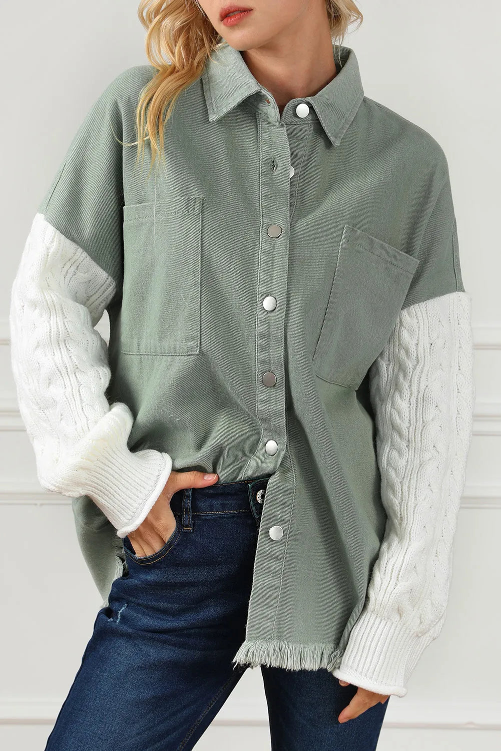 Outerwear/Jackets Green Cable Knit Sleeve Raw Hem Shacket