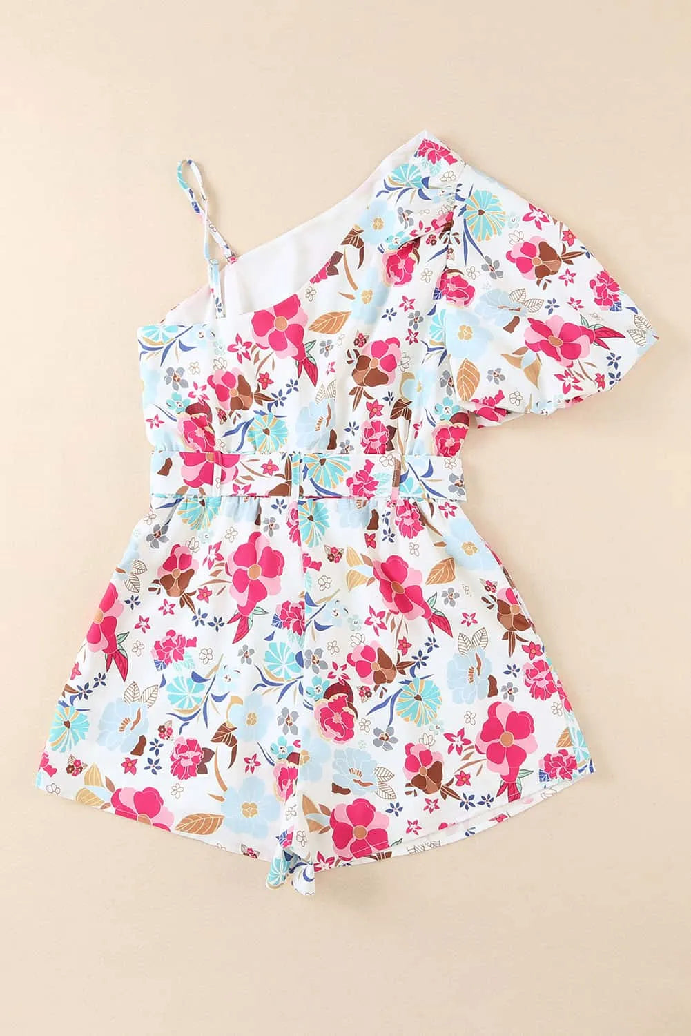 White Floral Single Bubble Sleeve Slant Shoulder Romper - Chic Meadow Boutique 