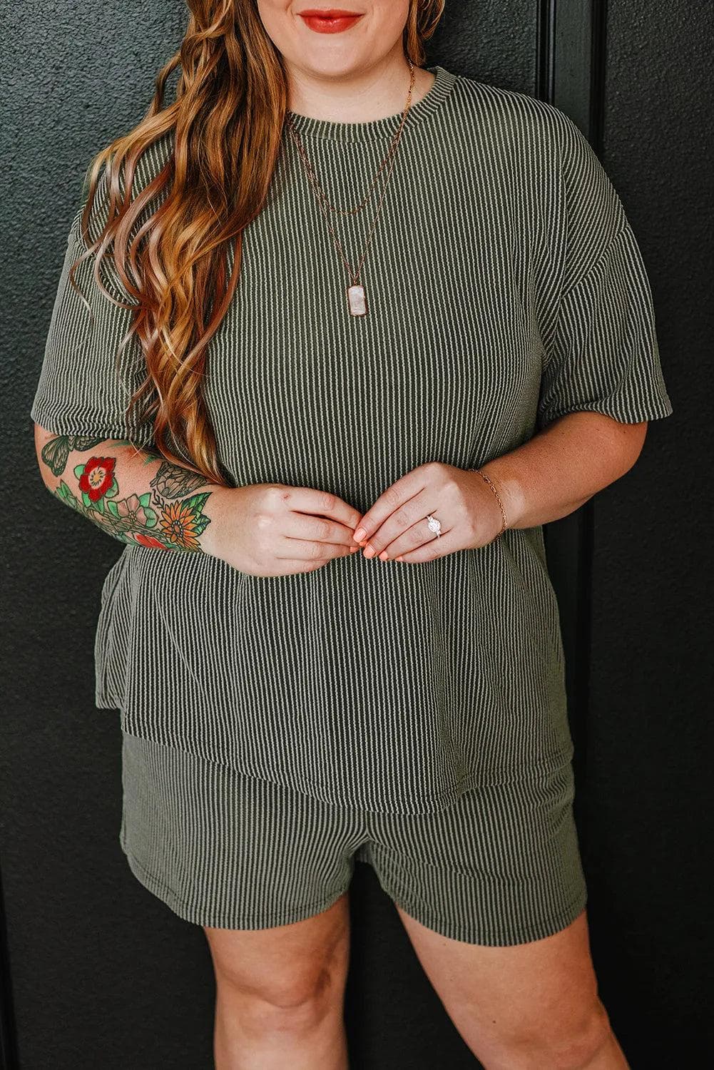 Plus Size/Plus Size Loungewear Moss Green Plus Size Rib Knit Short Sleeve Top and Shorts Set