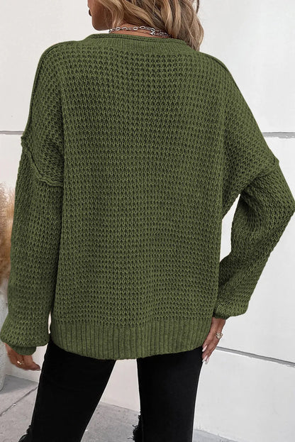 Pickle Green Pointelle Knit Button V Neck Drop Shoulder Sweater - Chic Meadow Boutique 