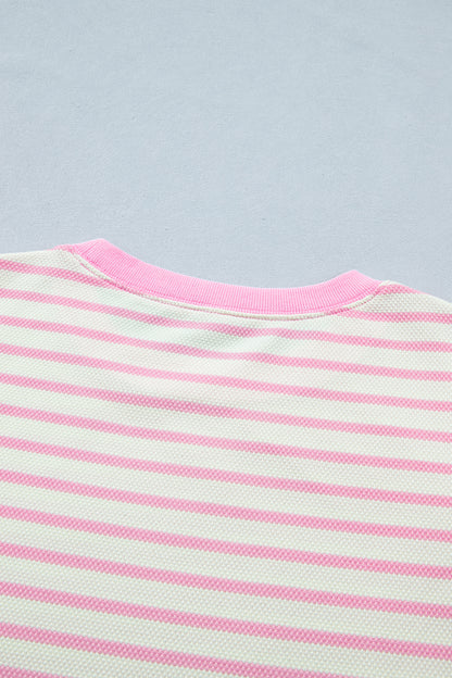 Pink Stripe Ruffled Short Sleeve Patchwork Blouse
