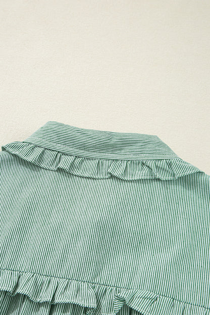 Green Stripe Frilled Sleeveless Collar Front Pocket Button Up Mini Dress
