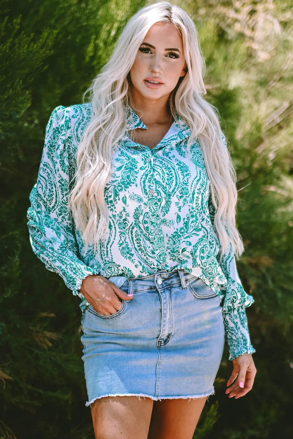 Green Paisley Print Smocked Cuff Buttoned Loose Shirt - Chic Meadow Boutique 