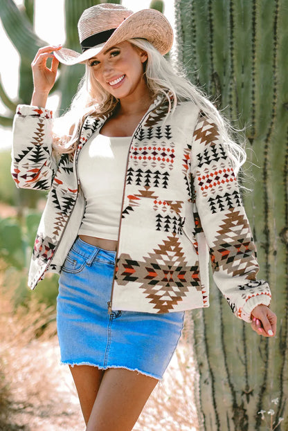 Beige Aztec Printed Stand Neck Zip Up Jacket - Chic Meadow Boutique 