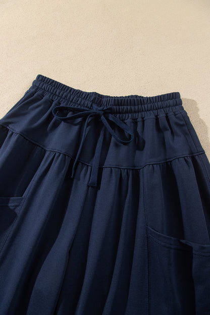 Dirty blue Elastic Waist Drawstring Wide Leg Full Length Pants