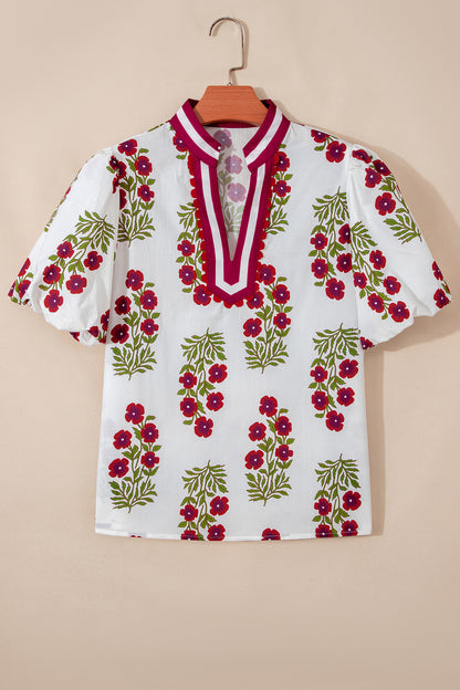 White Floral Short Bubble Sleeve Contrast Slit Neckline Blouse