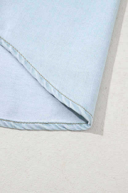 Beau Blue Mineral Wash Cap Sleeve Frilled Button Up Denim Shirt