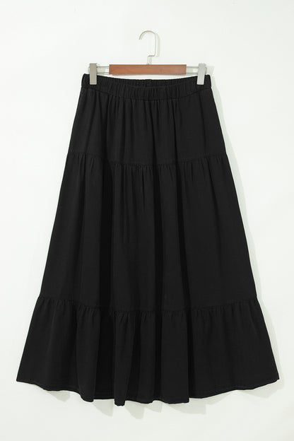 Black Elastic Waist Ruffled Tiered Flared Denim Maxi Skirt