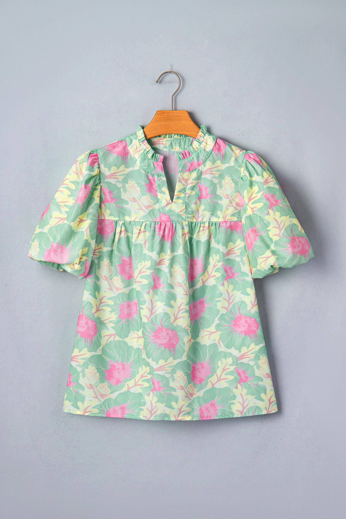 Green Short Bubble Sleeve Summer Floral Blouse