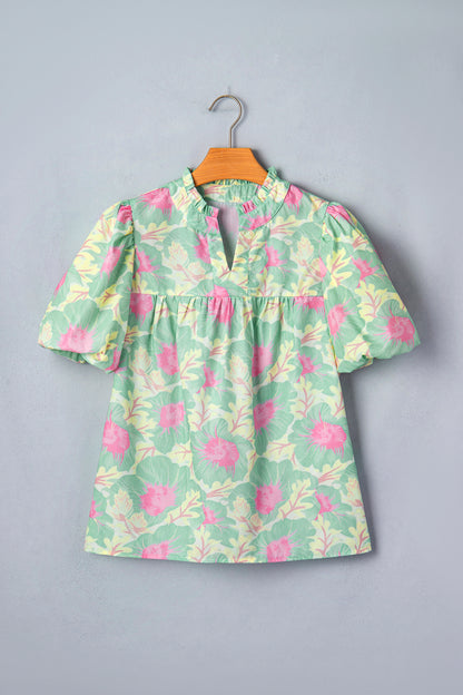 Green Short Bubble Sleeve Summer Floral Blouse
