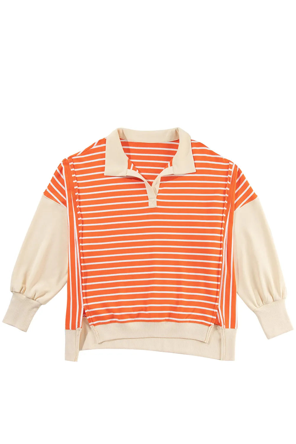 Orange Stripe Color Block Loose Fit Collared Drop Shoulder Sweatshirt - Chic Meadow Boutique 