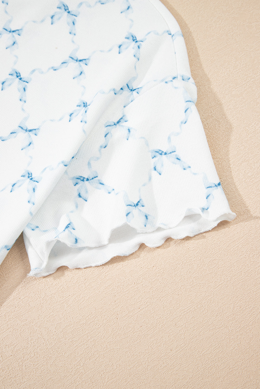 Sky Blue Bow Knot Geometric Print Lettuce Trim Two Piece Lounge Set