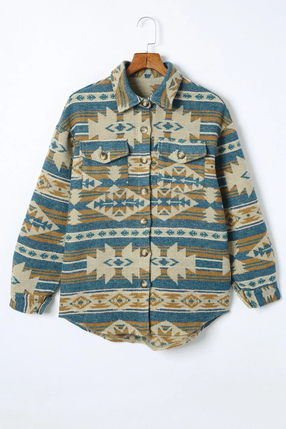 Blue Western Aztec Print Button Flap Pocket Shacket - Chic Meadow Boutique 