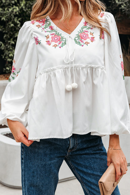 White Flower Lace-up V Neck Babydoll Blouse