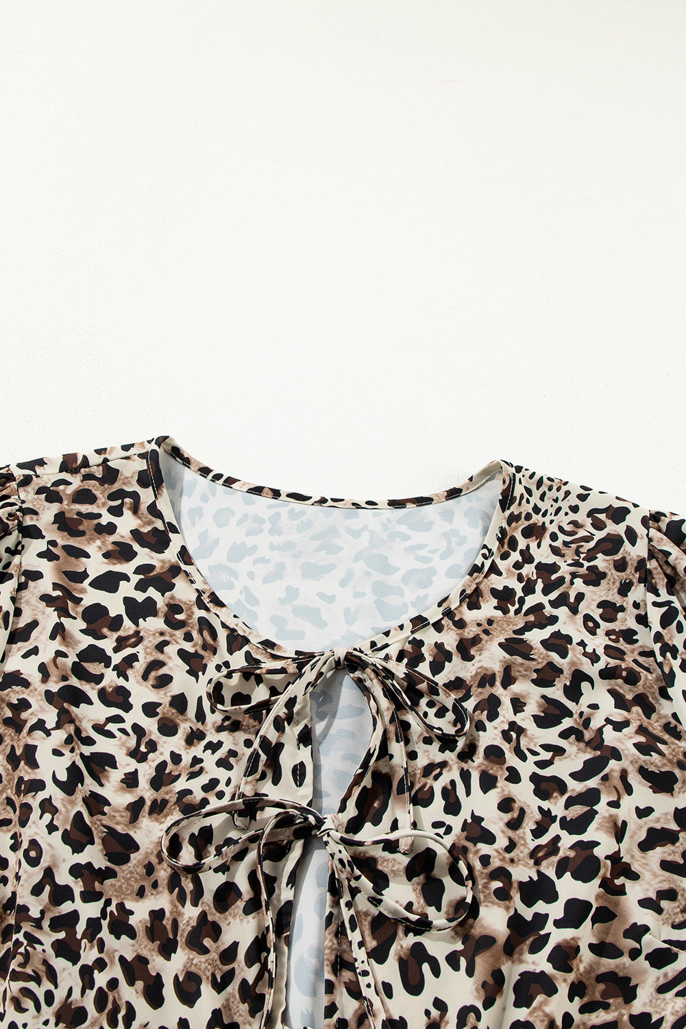 Khaki Leopard Print Lace-up Ruffled 3/4 Sleeve Plus Size Blouse