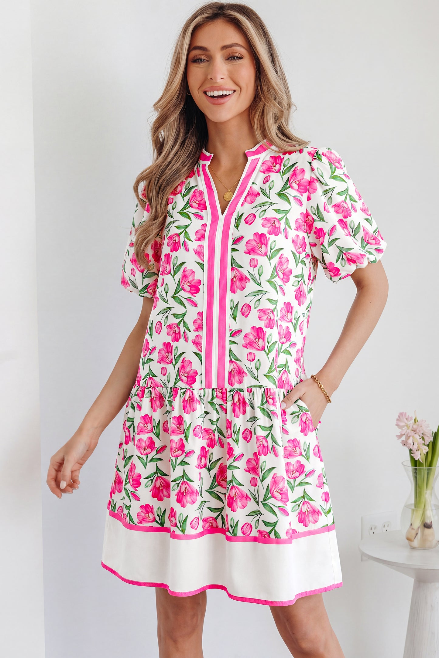 Multicolour Sweet Floral Print Striped Color Block Trim Short Dress