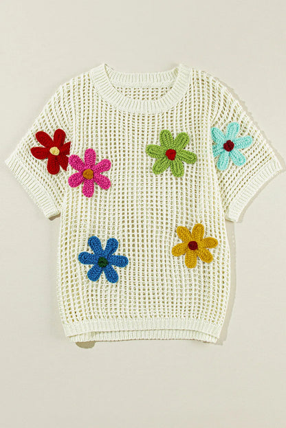 White Crochet Flower Hollow-out Sweater T Shirt - Chic Meadow Boutique 