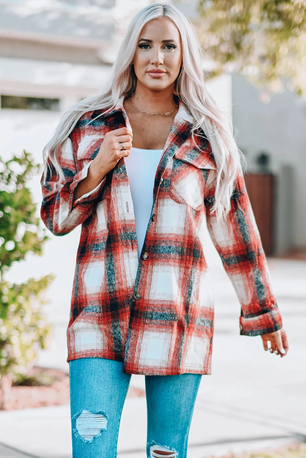 Red Turn down Neck Plaid Pocket Button Closure Coat - Chic Meadow Boutique 