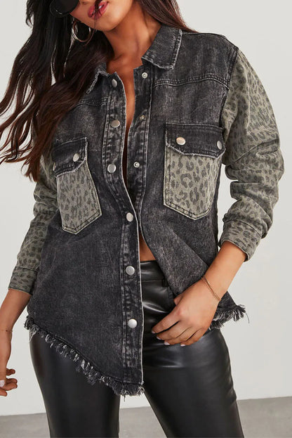 Black Leopard Patch Pocket Vintage Raw Hem Denim Jacket - Chic Meadow Boutique 