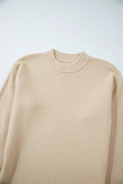 Parchment Solid Textured Knit Split Cuff Drop Shoulder Loose Sweater - Chic Meadow Boutique 