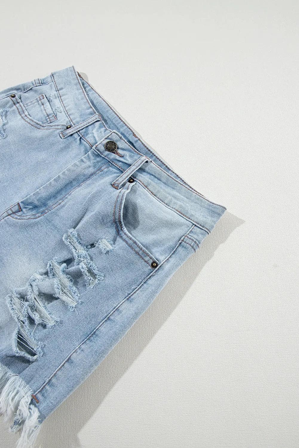 Bottoms/Denim Shorts Light Blue Distressed Ripped Raw Hem High Waist Denim Shorts