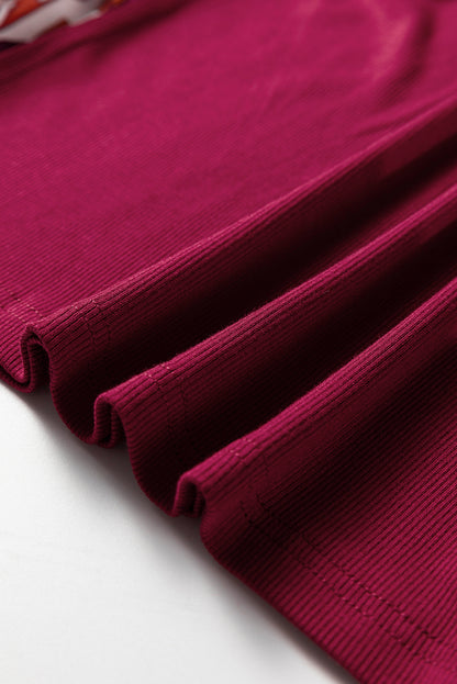 Wild Ginger Contrast Floral Sleeve Solid Ribbed Body Patchwork Long Sleeve Top