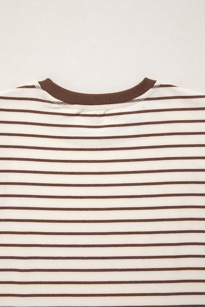 Brown Stripe Ribbed Round Neck Trim Loose Tank Top