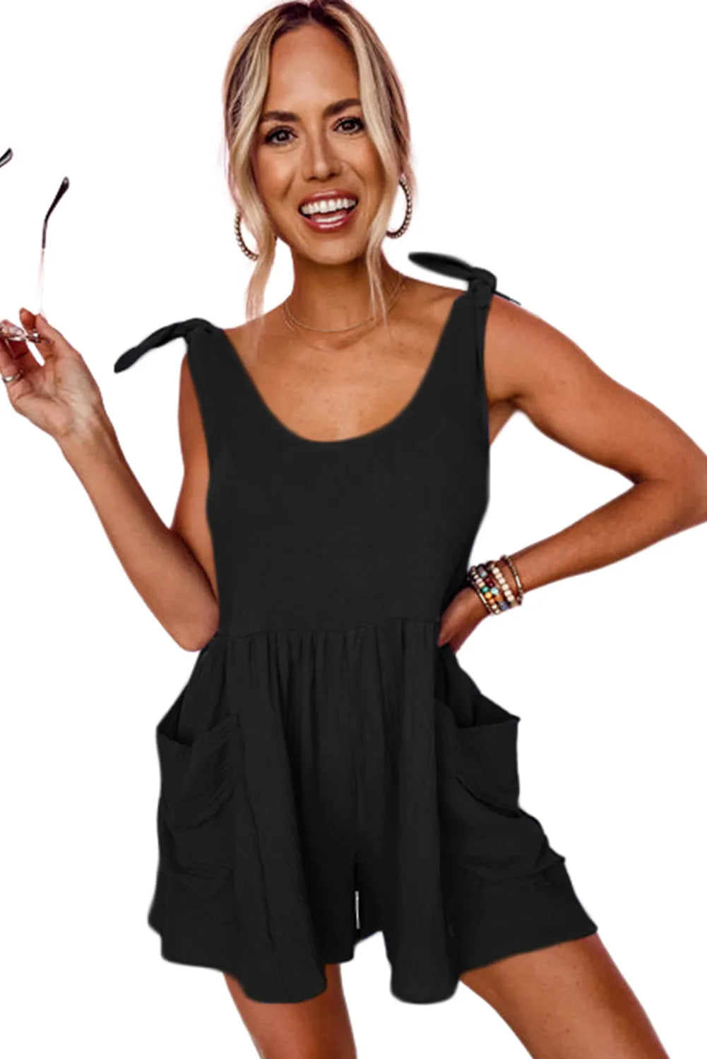 Black Textured Knotted Straps High Waist Wide Leg Romper - Chic Meadow Boutique 