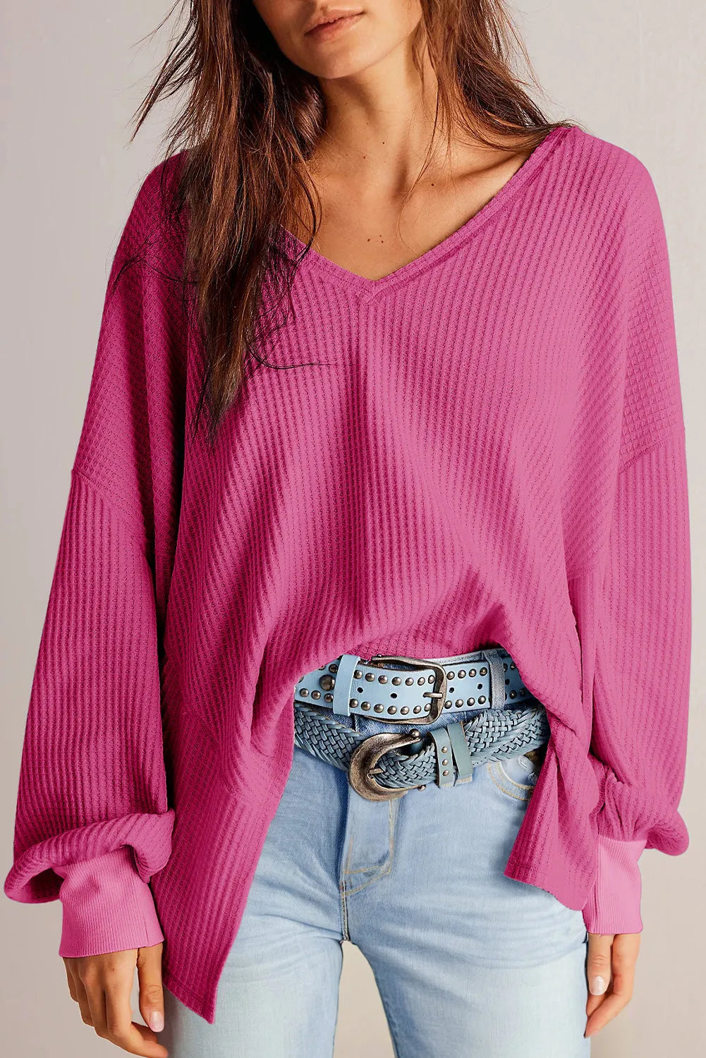 Bright Pink Waffle V Neck Long Sleeve Drop Shoulder Loose Blouse - Chic Meadow Boutique 