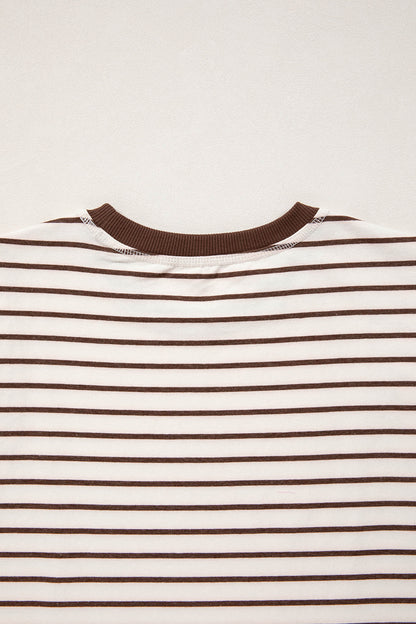 Brown Stripe Ribbed Round Neck Trim Loose Tank Top