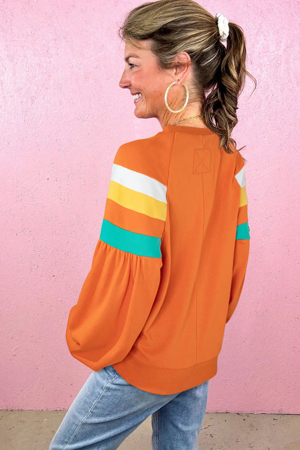 Flamingo Color Block Sleeve Exposed Seam Raglan Sweatshirt - Chic Meadow Boutique 