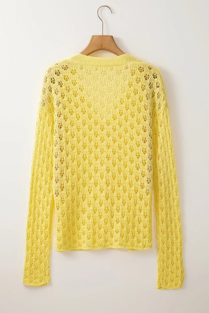 Yellow Pointelle Knit V Neck Sweater Cardigan - Chic Meadow Boutique 