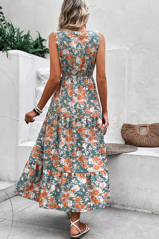 Green Floral Print Trimmed V Neck Tie Waist Sleeveless Holiday Long Dress