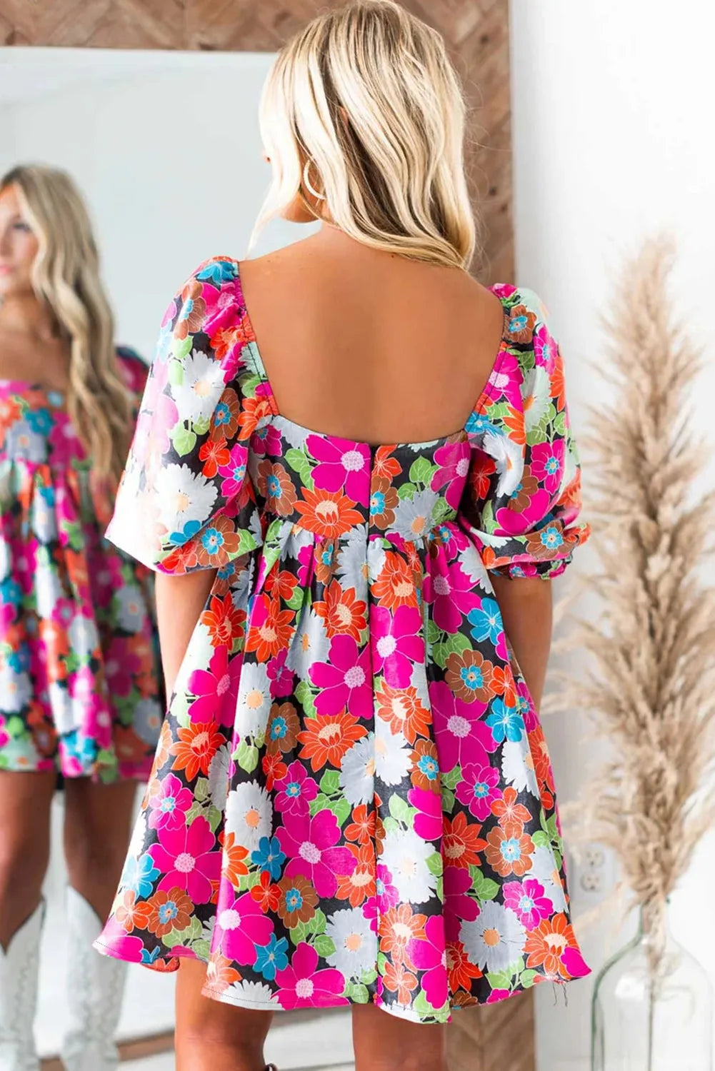 Rose Floral Print Square Neck Short Puff Sleeve Dress - Chic Meadow Boutique 