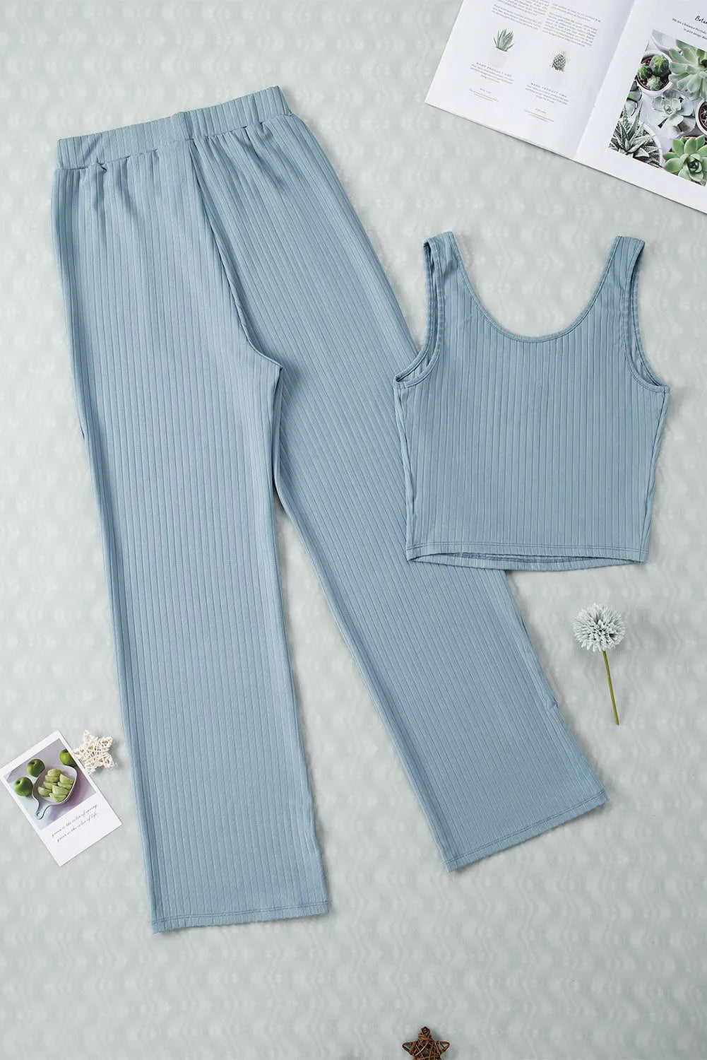 Blue Ribbed Crop Tank Drawstring Lounge Pants Set - Chic Meadow Boutique 