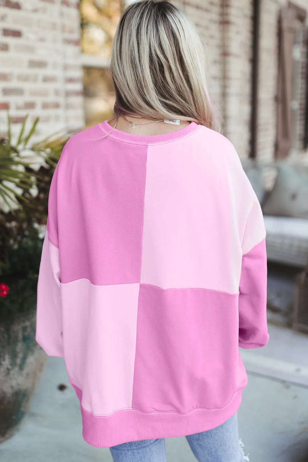 Pink Colorblock Henley High Low Oversize Sweatshirt - Chic Meadow Boutique 