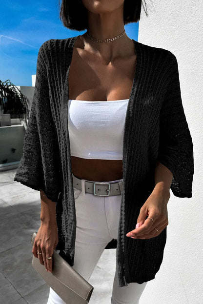 Black Hollow-out Knit Kimono Lightweight Cardigan - Chic Meadow Boutique 