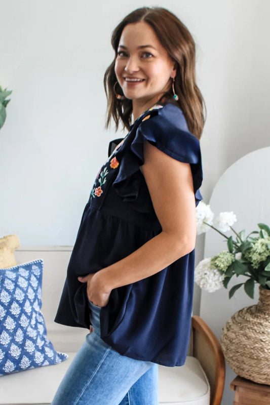Dirty Blue V Neck Ruffled Sleeve Floral Embroidered Detail Babydoll Blouse