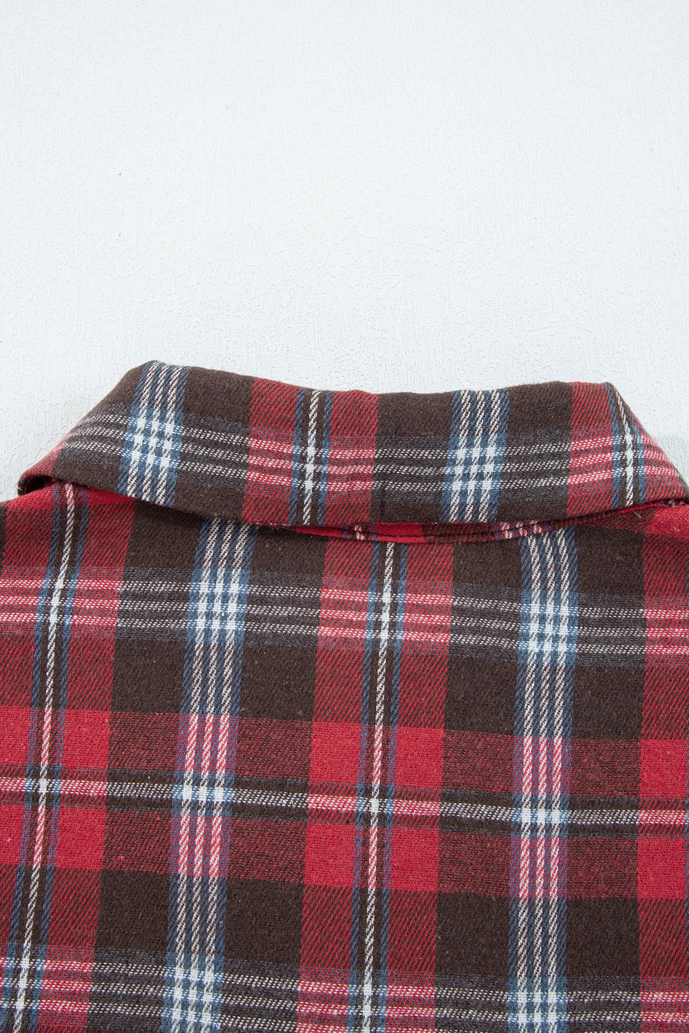 Red Plaid Print Collared V Neck Loose Blouse with Side Slits